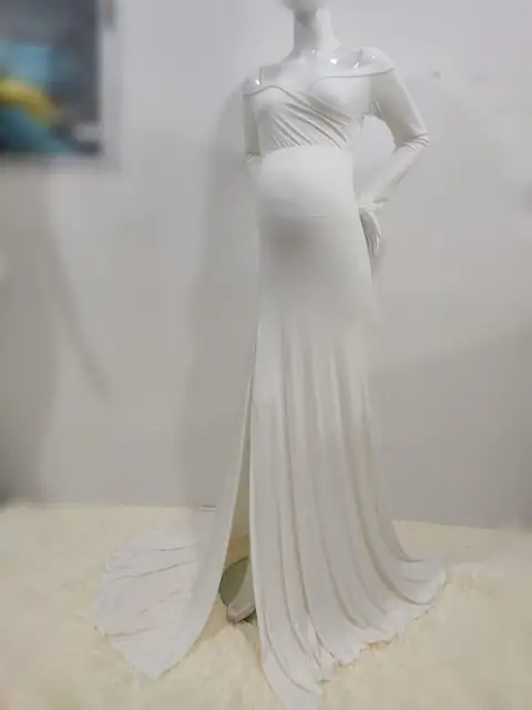 Vestidos de maternidad sexys sin hombros para Sesión de fotos, maxivestido con abertura lateral para mujeres embarazadas, accesorios de fotografía, Vestido largo de embarazo 6