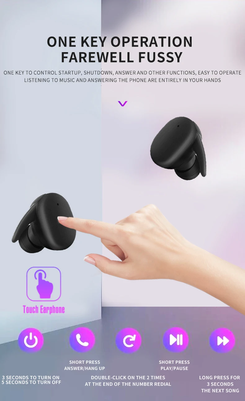 Беспроводная гарнитура, спортивные мини наушники TWS, Bluetooth наушники 5,0, беспроводные наушники с сенсорным управлением, стерео наушники с шумоподавлением