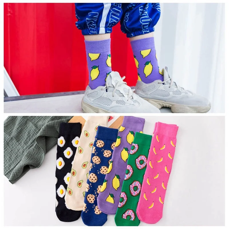 Женские Забавные милые Мультяшные носки с фруктами авокадо лимонное яйцо печенье пончики банан еда счастливый японский Harajuku скейтборд носки