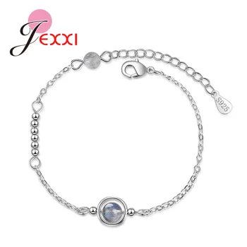 

Dainty Round Circle Natural Moonstone Planet Pendant Bracelet 925 Sterling Silver Stones Bracelet For Women