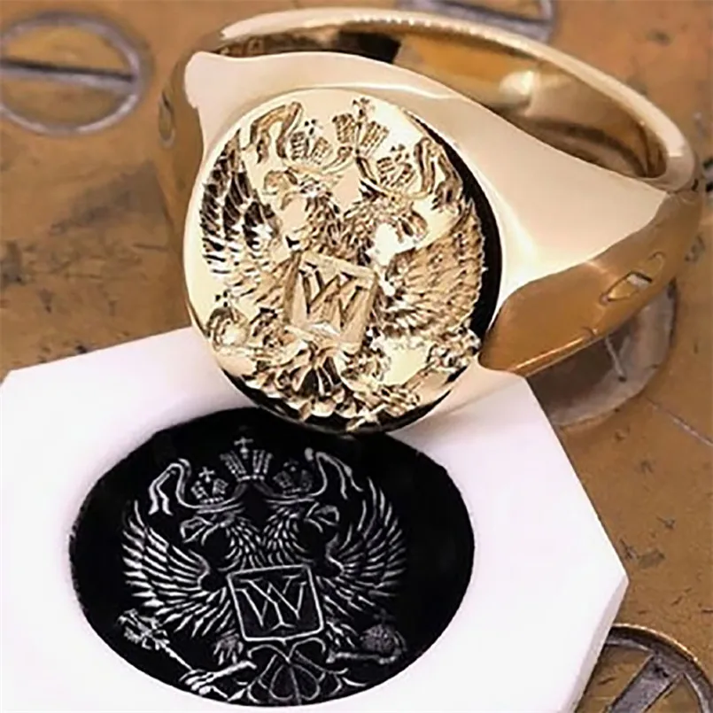 Medieval Vintage Golden Viking Unisex Rings for Men Women Fashion Double Headed Eagle Retro Punk Seal Royal Noble Ring Jewelry-A