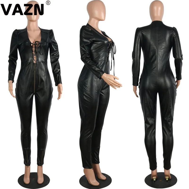 VAZN, Топ Дизайн, весна, сексуальный женский комбинезон, 5 цветов, длинный кожаный комбинезон с длинным рукавом, на молнии, на шнуровке, комбинезон, шикарные крутые комбинезоны