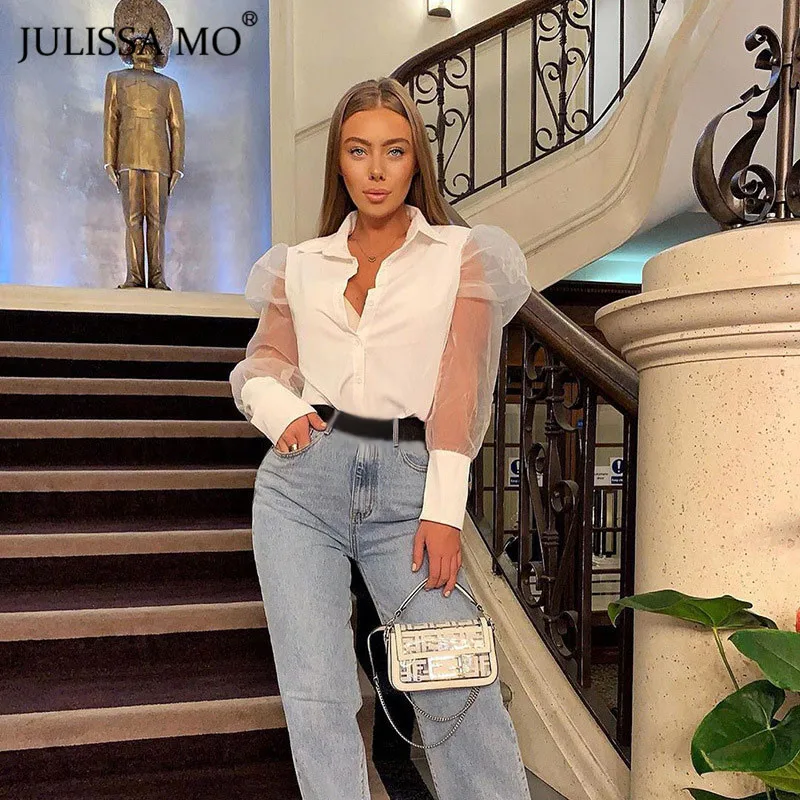 Julissa mo элегантная Офисная Женская белая блузка, рубашки с сетчатыми пышными рукавами и пуговицами, женские топы, зимние женские блузы с отложным воротником