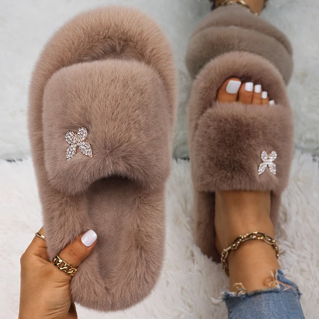 Fluffy Slippers Women Crystal Flower Decor Furry Sandals Elegant Ladies Home Flip Flops Faux Fur Slides Luxury Designer Shoes Khaki7