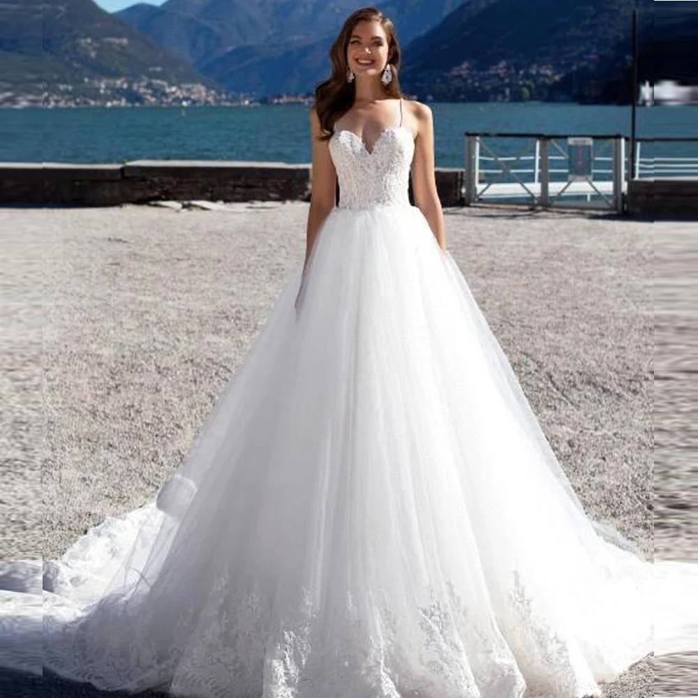 

Lace A Line Boho Wedding Dresses 2019 Spaghetti Straps Appliques Sweetheart Ball Gown Backless Beach Gowns Tulle Mariage Dress