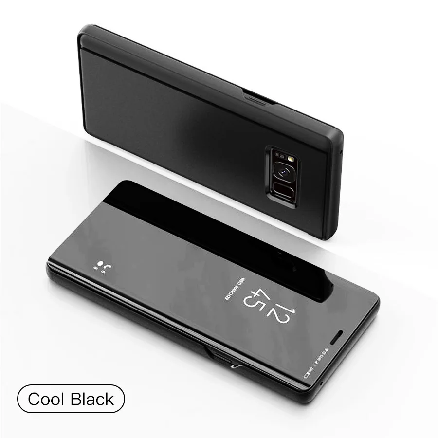 Mirror Flip Phone Case For Samsung Galaxy S8 S10 Note9 Cover Thin Clamshell Smart Call Answer Phone Holder Stand Glass Cases - Цвет: Black Flip Case