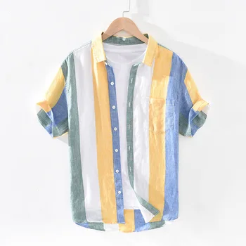 

2020 Men's Fresh Striped Linen Shirt Youth Loose Large Color Stripes Recipients Short Sleeve Shirt