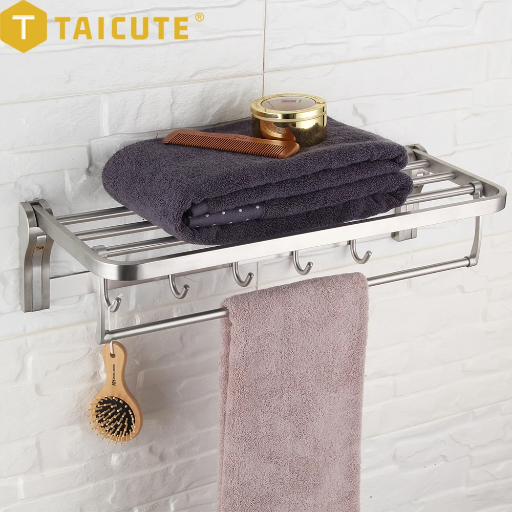 Towel Rack Shelf Hooks Movable Bar SUS 304 Stainless Steel Wall Mount