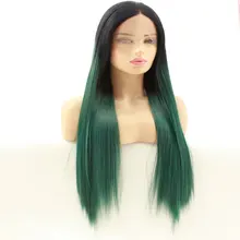 Черный Омбре зеленый шелковистые прямые синтетические волосы на кружеве, завязанные вручную, жаростойкие бесклеевые волокна, средний пробор волос для женщин