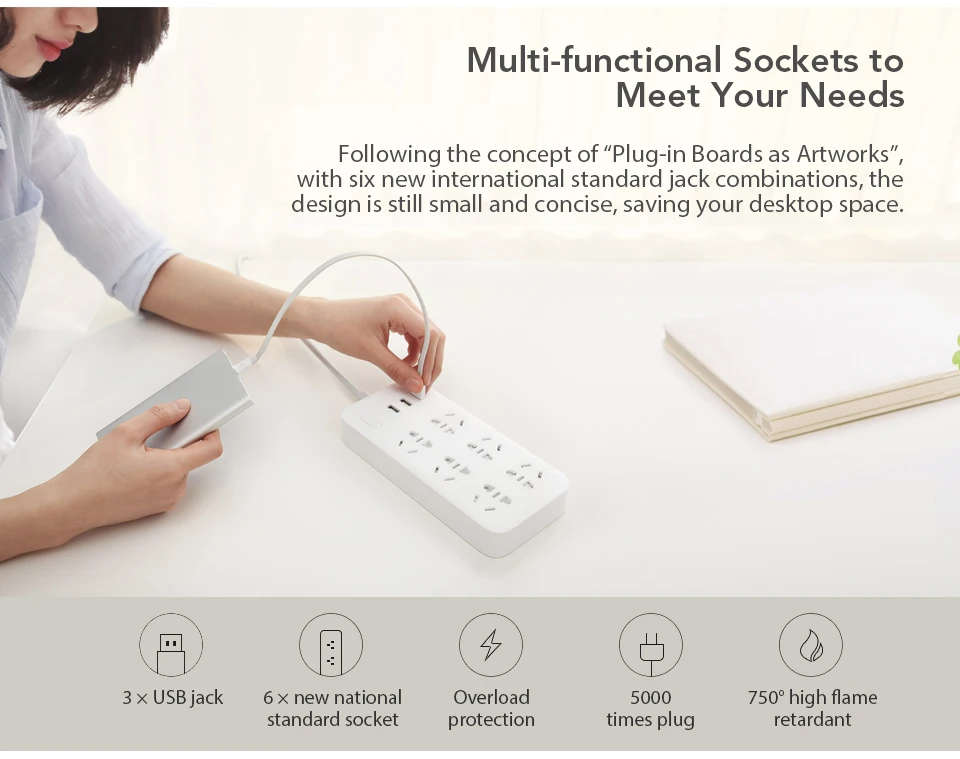 Original Xiaomi Mijia Power Strip Basic Version 6 Sockets With 3 5V 2.1A Fast Charging USB Ports White Mi Socket (2)
