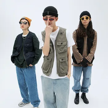 

Men Retro Fashion Multi-pocket Streetstyle Hip Hop Casual Safari Cargo Vest Jacket Male Waistcoat sleeveless coat