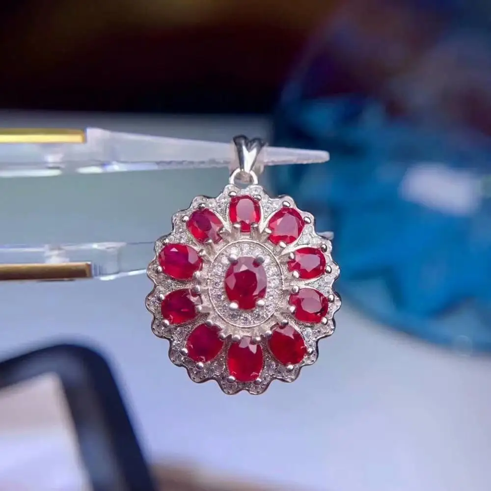 

shilovem 925 sterling silver real Natural ruby pendants fine Jewelry wedding new women trendy plant gift 3*4mm dz03040405agh