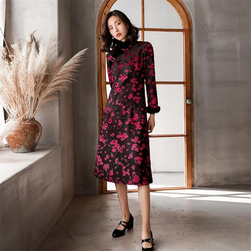 Зима размера плюс китайские платья для женщин с длинным рукавом qipao 3XL 4XL 5XL жаккард цветочный cheongsam современное китайское вязаное платье