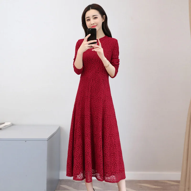 

Plus Velvet Lace Dress Long Sleeve Women's 2019 New Style Autumn & Winter Mid-length Underwear Base Skirt Slimming Skirt Fashion