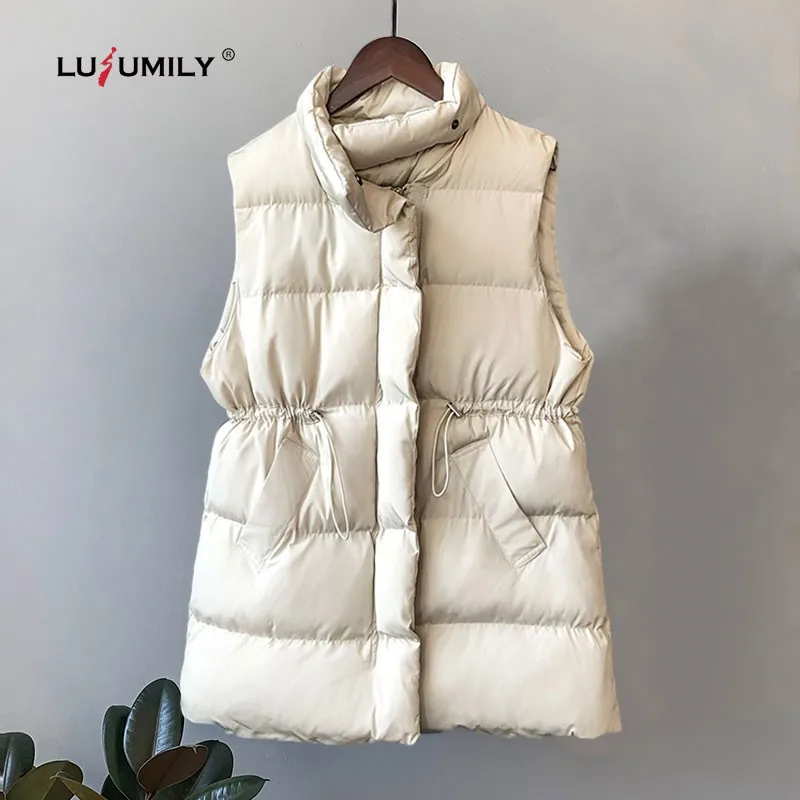 Lusumily New Arrivals Winter Women Vest Sleeveless Jacket Stand Collar Belt  Puffer Outwear Warm Loose Cotton Padded Down Veste
