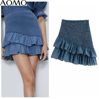 

AOMO fashion women ruffles pleated skirts faldas mujer strethy waist female mini skirt BE415A
