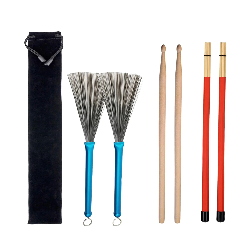 Drum Wooden Drumsticks + Wire Brushes + Rod Brush Sticks W/ Flannelette Bag