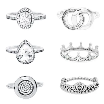 

100% 925 Sterling Silver 12 Styles Fashion Cubic Zirconia Princess Tiara Crown Pan Rings for Women Engagement Jewelry
