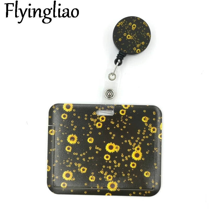 Sunflowers Flowers Black Cute Credit Card Cover Lanyard Bags Retractable Badge Reel Student Nurse Exhibition Enfermera purple blue flowers cute credit card cover lanyard bags retractable badge reel student nurse enfermera name clips card id card