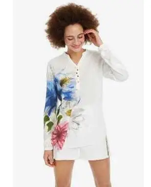 Слоновая кость Оригинальная блузка desigual в испанском стиле с v-образным вырезом и ручной росписью - Цвет: Слоновая кость