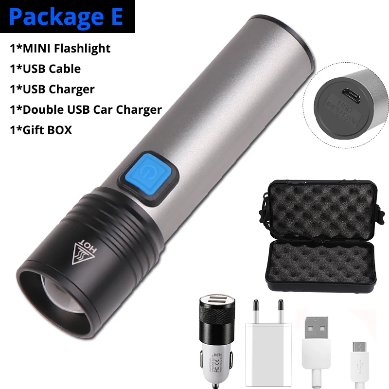 Package E 2400mAh USB Перезаряжаемый мини-светодиодный фонарик водонепроницаемый фонарик Penlight 4 режима стильная Портативная сумка для ночного освещения, кемпинга - Испускаемый цвет: Package E