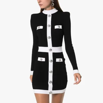 

2019 Autumn Winter Elegant Dress White Black Patchwork Bodycon Sweater Dress Half High Collar Single Breasted Sheath Knit Dress