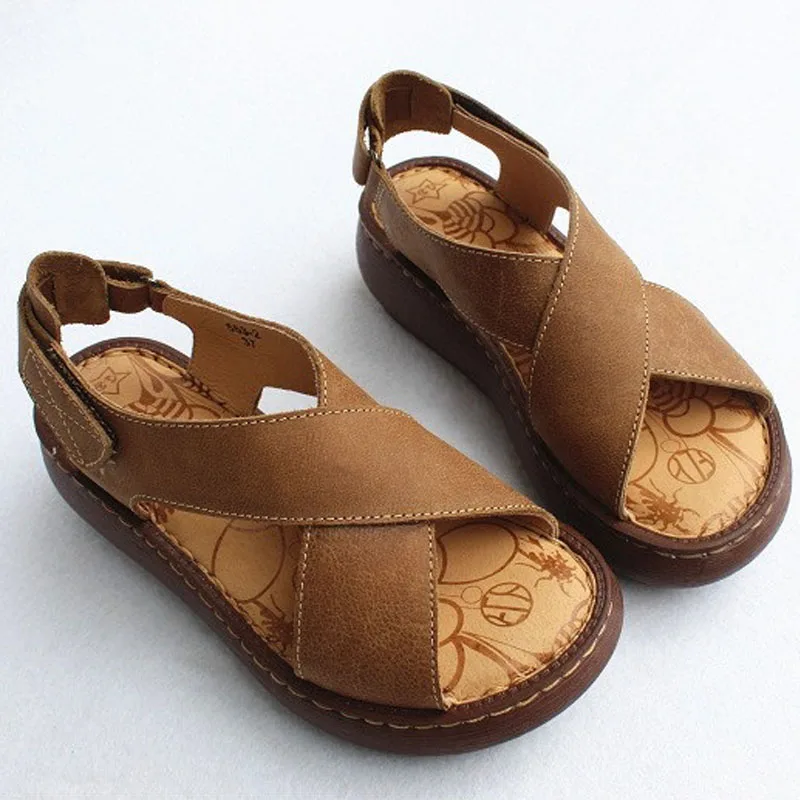 Women Summer Vintage Genuine Leather Platform Shoes