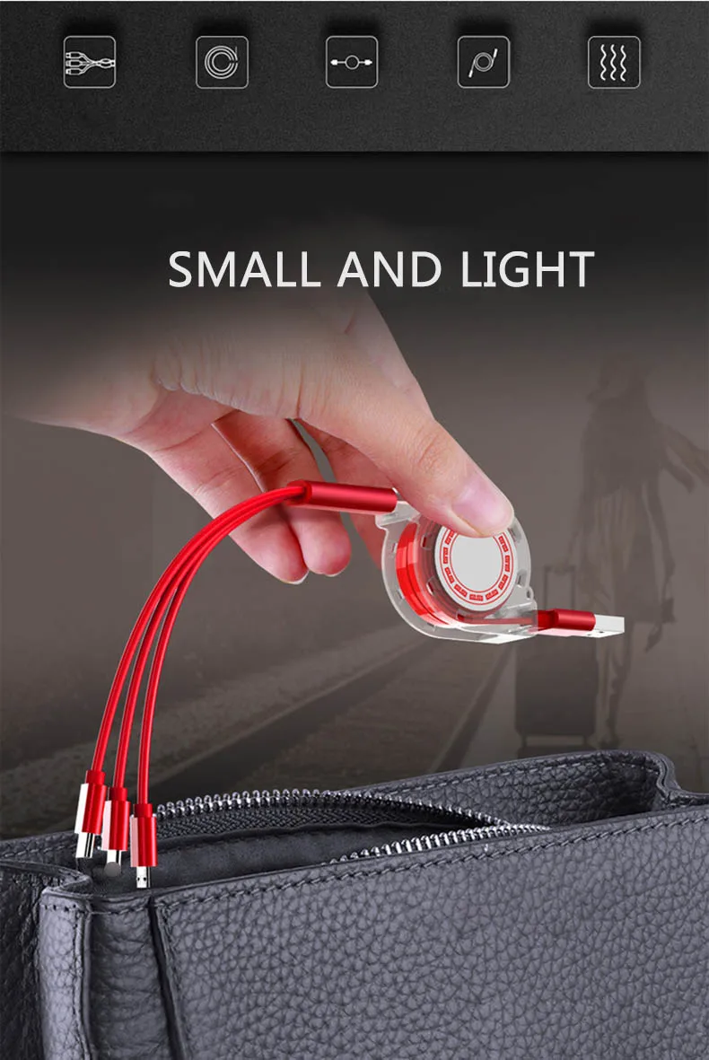 3 in1 Retractable USB Cable Type-c Charging line 100cm Coiled Data Line For iPhone&Android Fast Charging