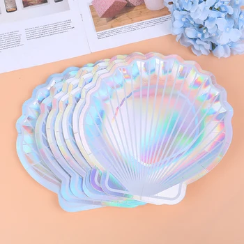 

8Pcs Sparkle Shell Paper Plates Dish Tableware 10" Mermaid fairytale Festival For Baby Shower Wedding Party Supplies