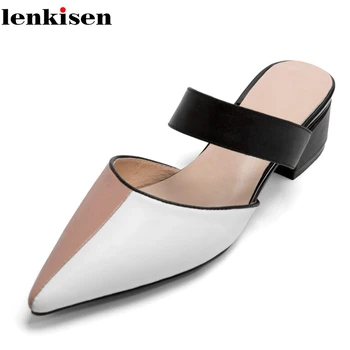 

Lenkisen european style full grain leather mixed colors pointed toe med square heels mules slip on high fashion dating pumps L86