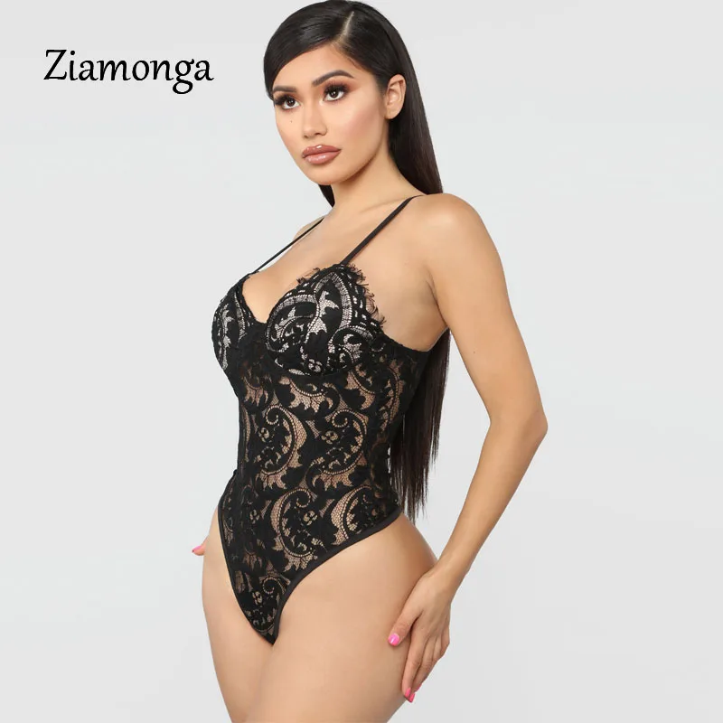 Ziamonga Sheer Lace Bodysuit Women Sexy Spaghetti Strap V-Neck Push Up See Through Jumpsuit Women Lace Bodysuits Summer New