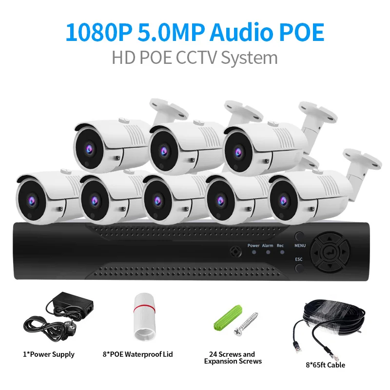 H.265 8CH POE NVR Kit 5MP CCTV Системы ИК Открытый IP66 Водонепроницаемый 5MP звук для камеры P2P onvif-видео безопасности набор для наблюдения