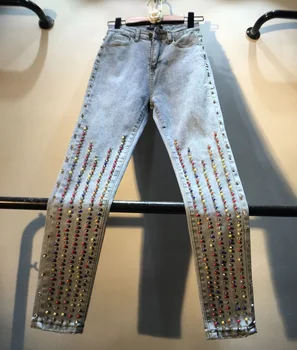 

Jeans Women European Style New Industrial Color Beads High Waist Jeans Slim Fit Elasticity Skinny Denim Pants Ladies Pencil Pant