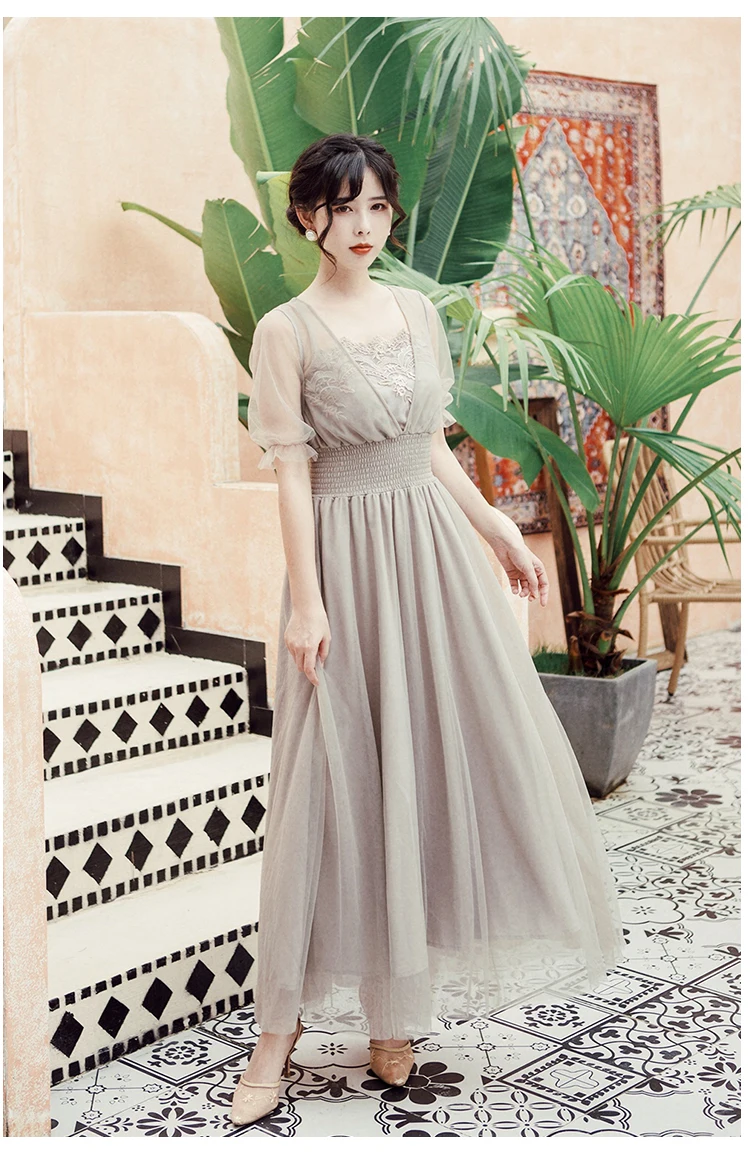 YOSIMI V-Neck Short Sleeve Chiffon Long Women Dress Summer Vintage Maxi Empire Beige Lace Ladies Party Dress Ankle-length