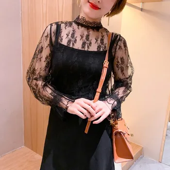 

Women Sexy Hollow Out Mesh Blouse Sexy Shirts Slim Turtleneck Blouse Tops