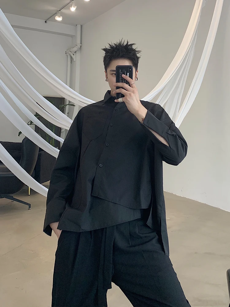 S-6XL! черная рубашка, Мужская ассиметричная, крутая, свободная, темпераментная, модная, трендовая, наклонная, спереди, рукав летучая мышь, на плече, пальто