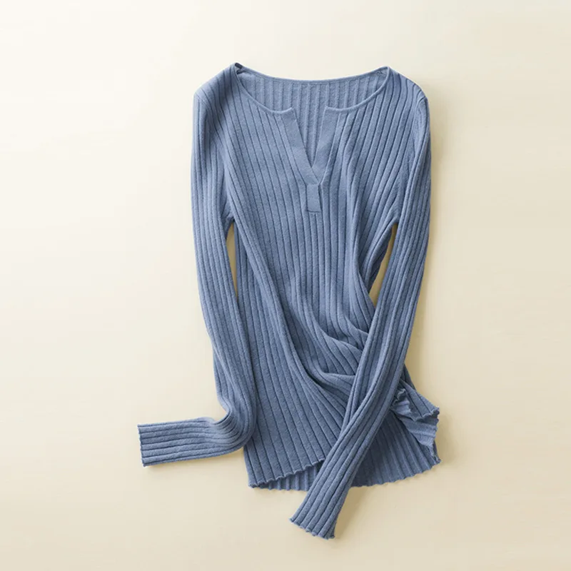 Knitted 100% Wool Henley Sweater Women Ribbed Tops