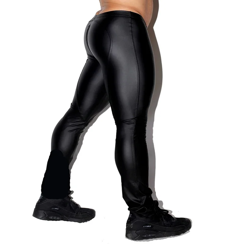 Men Trousers PU Leather Zipper Open Crotch Night Club Straps Trousers