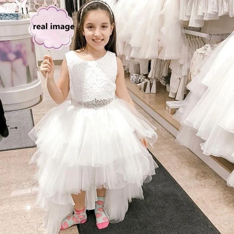 151High Low Tulle Skirt Flower Girls Dresses Lace Top Tank Ball Gown First Communion Dresses Beaded Waist Brithday Party Gowns