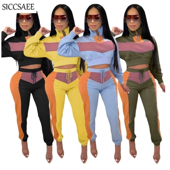 

Contrast Color Patchwork Two Piece Set Turtleneck Crop Top And Pants Sweat Suit Activewear Sexy Casual Tracksuits For Women
