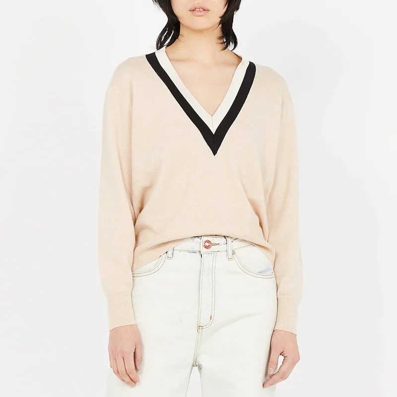 

Patads France s family 21 spring and summer new women's color contrast ribbon V-Neck long sleeve Knitted Top