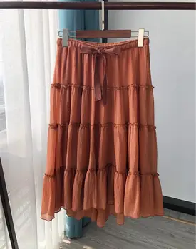 

Women Lace up Midi Skirt A-line Three-layered Stringy Selvedge Romantic Large Hem Ladies Wild Stylish Long Skirt