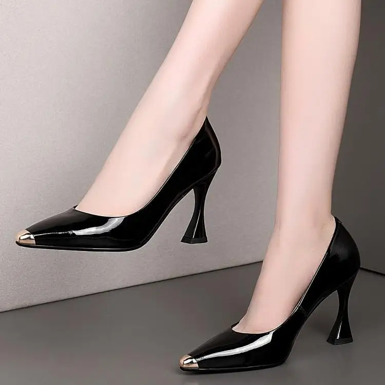 

Leather shoes spring and summer metal pointed shallow high heels thick heel women's shoes work shoes 8.5cm
