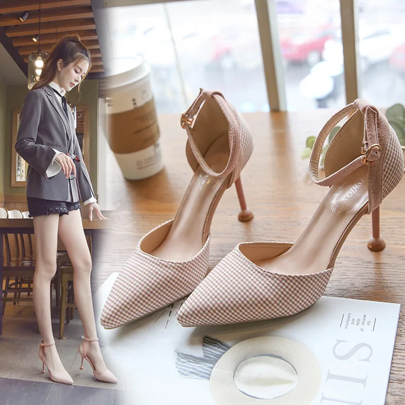 

New Style Buckle Plaid 2019 Spring A- line Pointed-Toe Thin Heeled WOMEN'S Shoes Hipster High Heel Shoes Buckle Cat Imitation Le