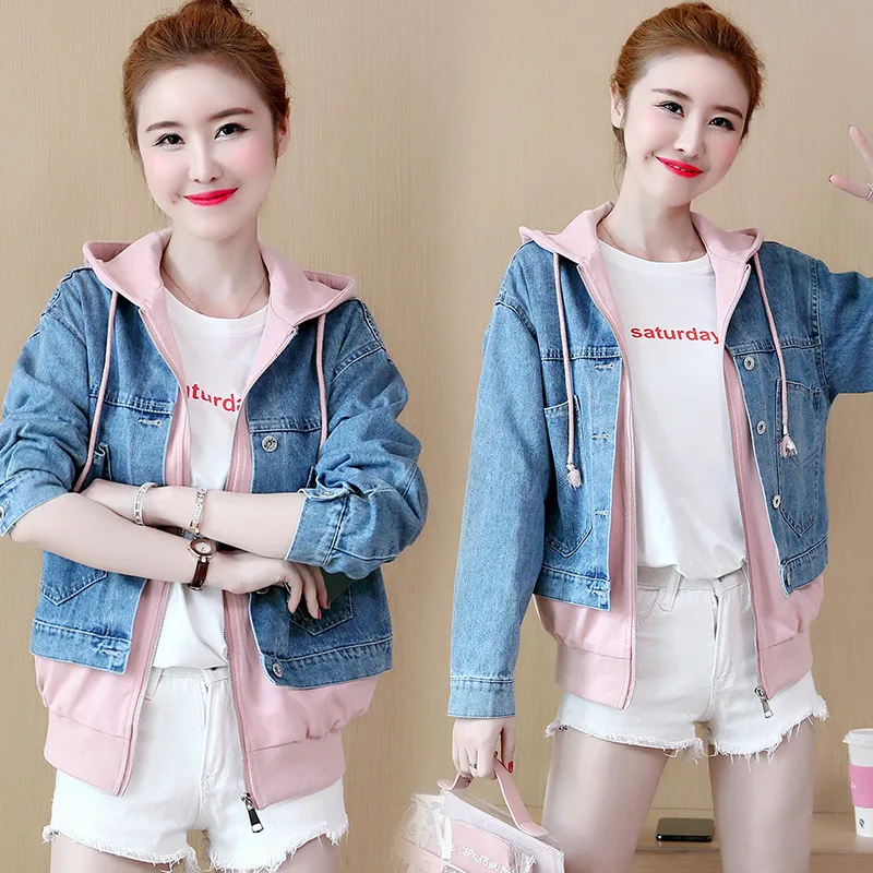 

#3394 Autumn False Two Piece Denim Jacket Women Short Casual Denim Coat With Hooded Women Coats And Jackets Loose Plus Size 3XL