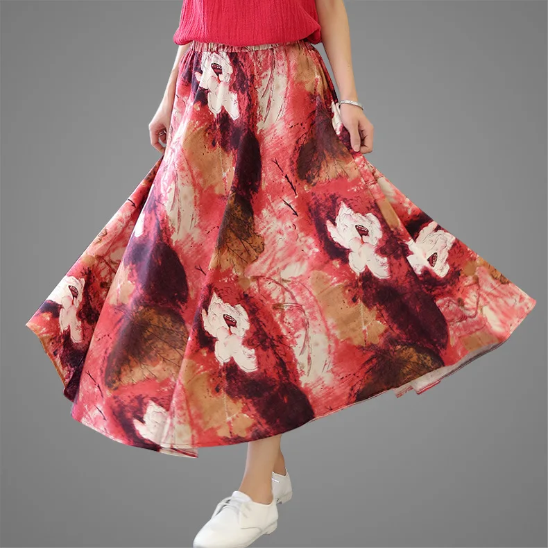 

2019 Women's Spring And Summer New Style Origional Retro Cotton Linen Elegant High-waisted Pleated Big Hemline Beach Printed Med