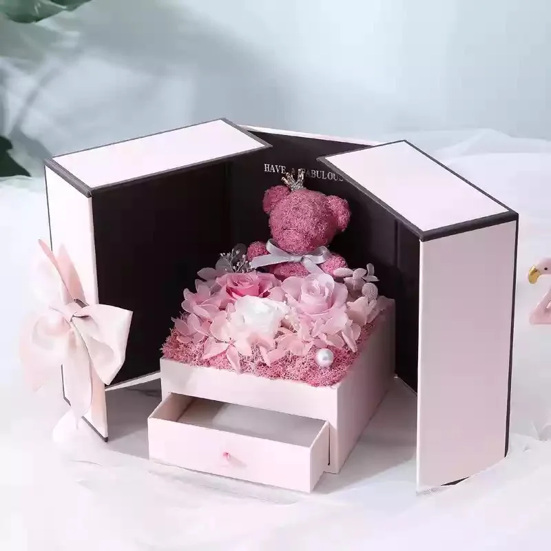 Valentine's Day Gifts Artificial Flowers Teddy Bear Rose Two Door Gifts Box Girlfriend Birthday Women Anniversary Wedding gifts - Color: Bear Rose red