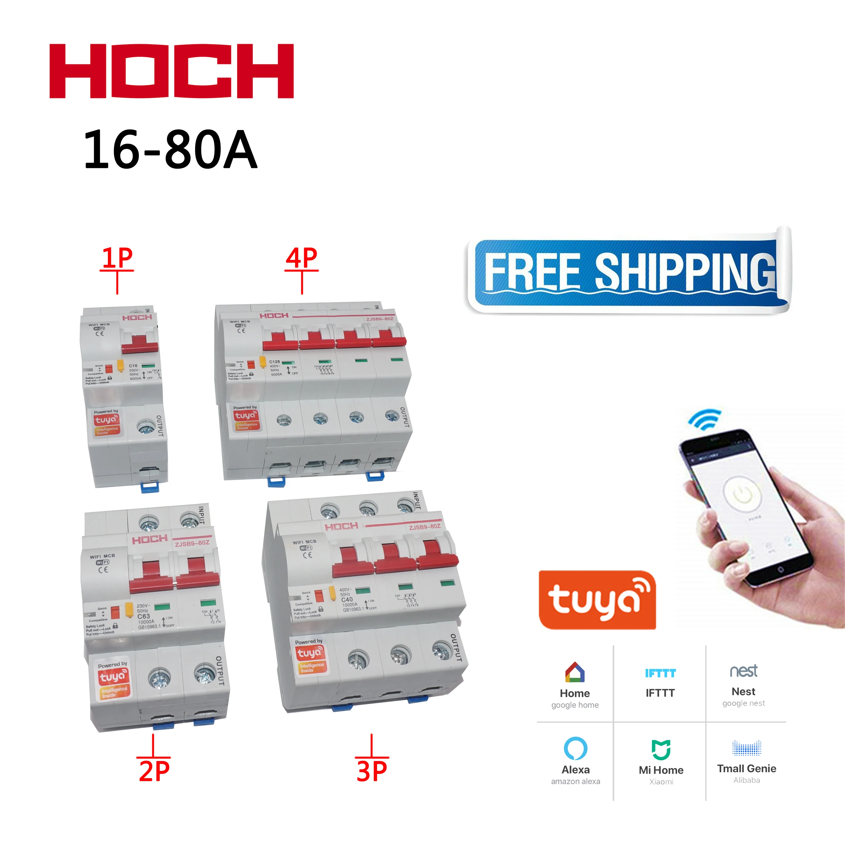 

HOCH ZJSB9-80Z Tuya WIFI Circuit Breaker Smart Life Timer Remote Control 1-4P Intelligent Wireless Switch Factory Free shipping