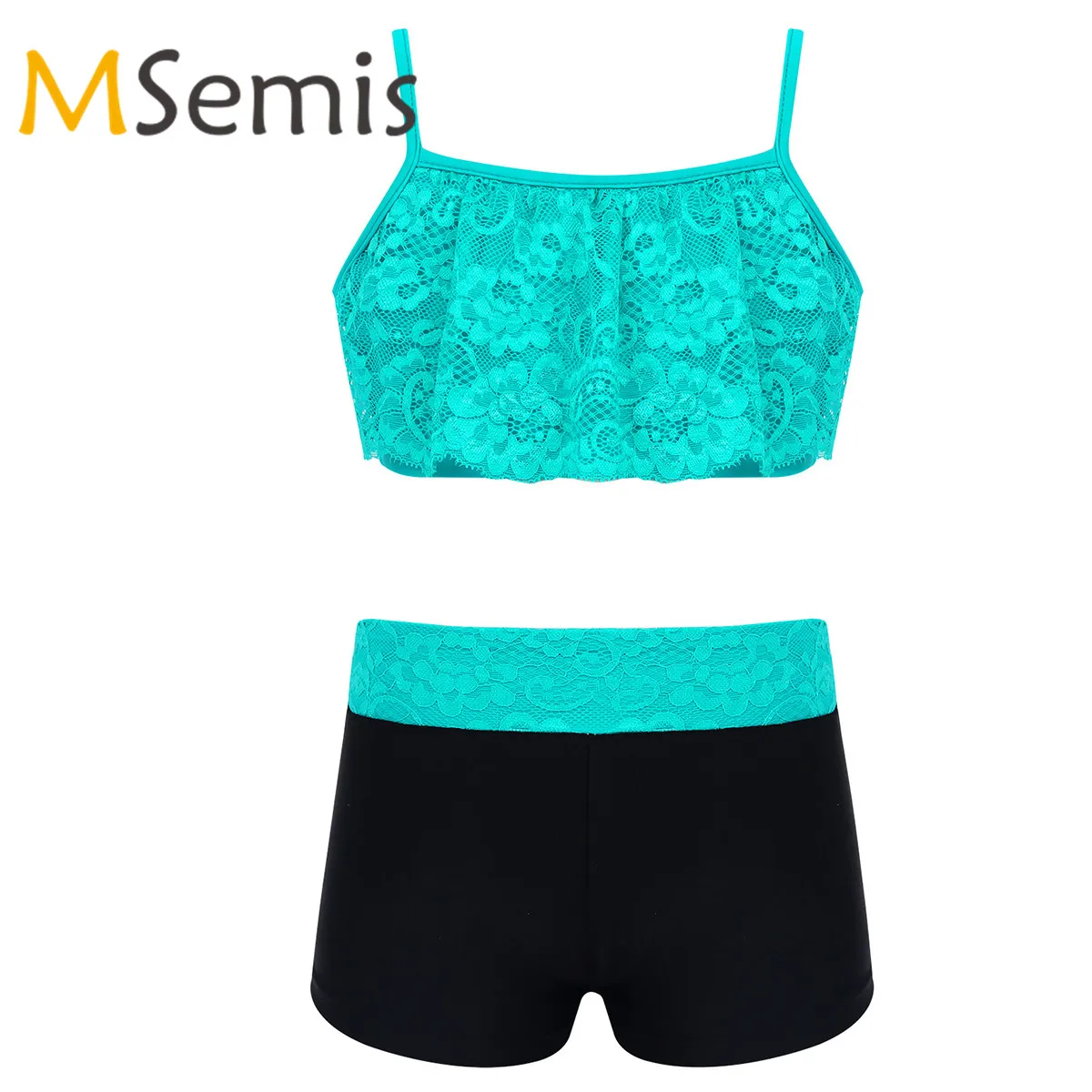 

Kids Girls Tankini Swimsuit Outfit Spaghetti Shoulder Straps Floral Lace Crop Top with Bottoms Set for Ballet Gymnastics Workout