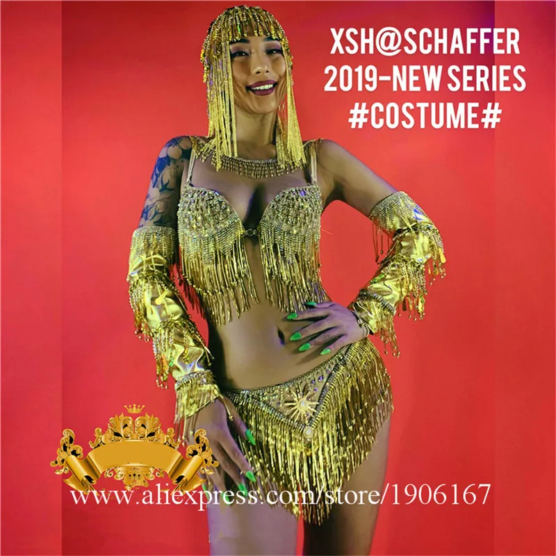 Ночной клуб GOGO Вечерние Девушки Золотой горный хрусталь кисточкой сексуальный женский костюм танцевальная команда женский сценический костюм одежда головной убор